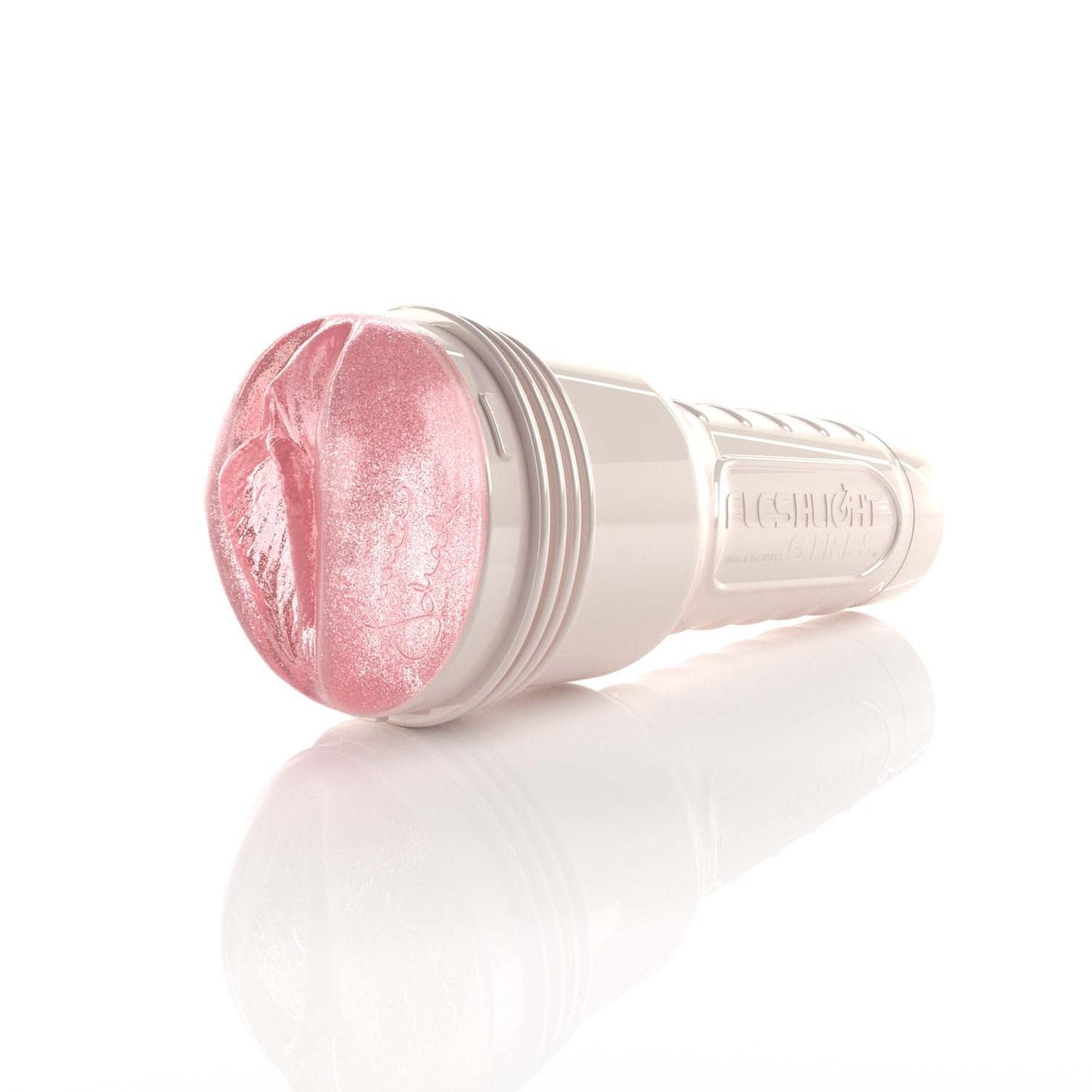 Angled shot of Jessica Drake's Pink translucent sex toy in pearl case.